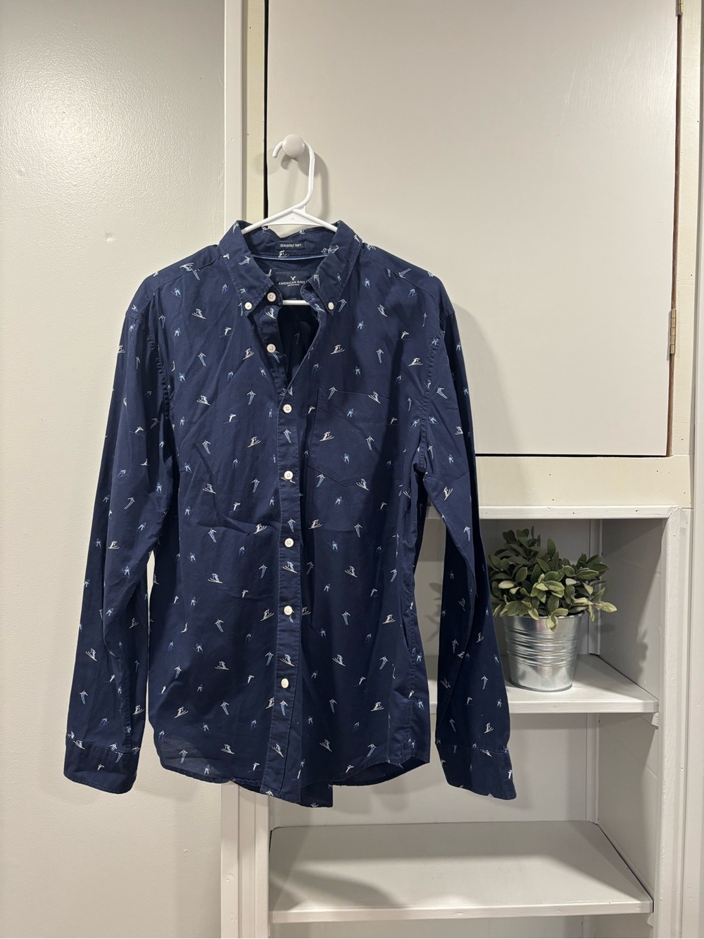 American Eagle Outfitters Seriously Soft Navy Button-Down with Ski Design